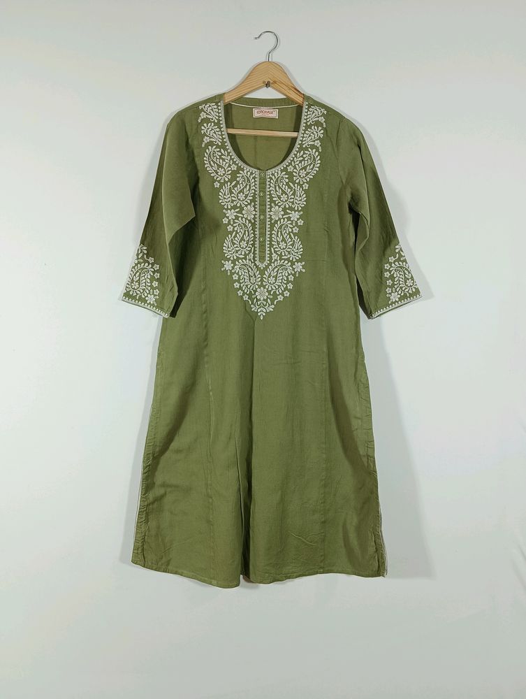 Olive Green Embroidered Kurta (Women)