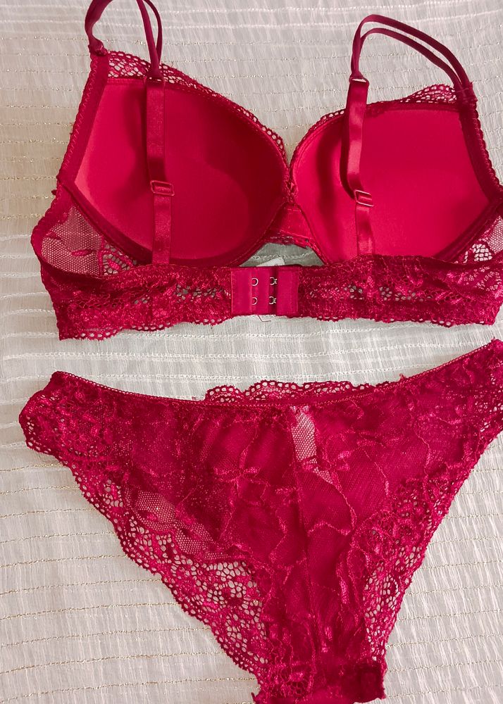 Wine Colour Net Padded Bra And Panty Set