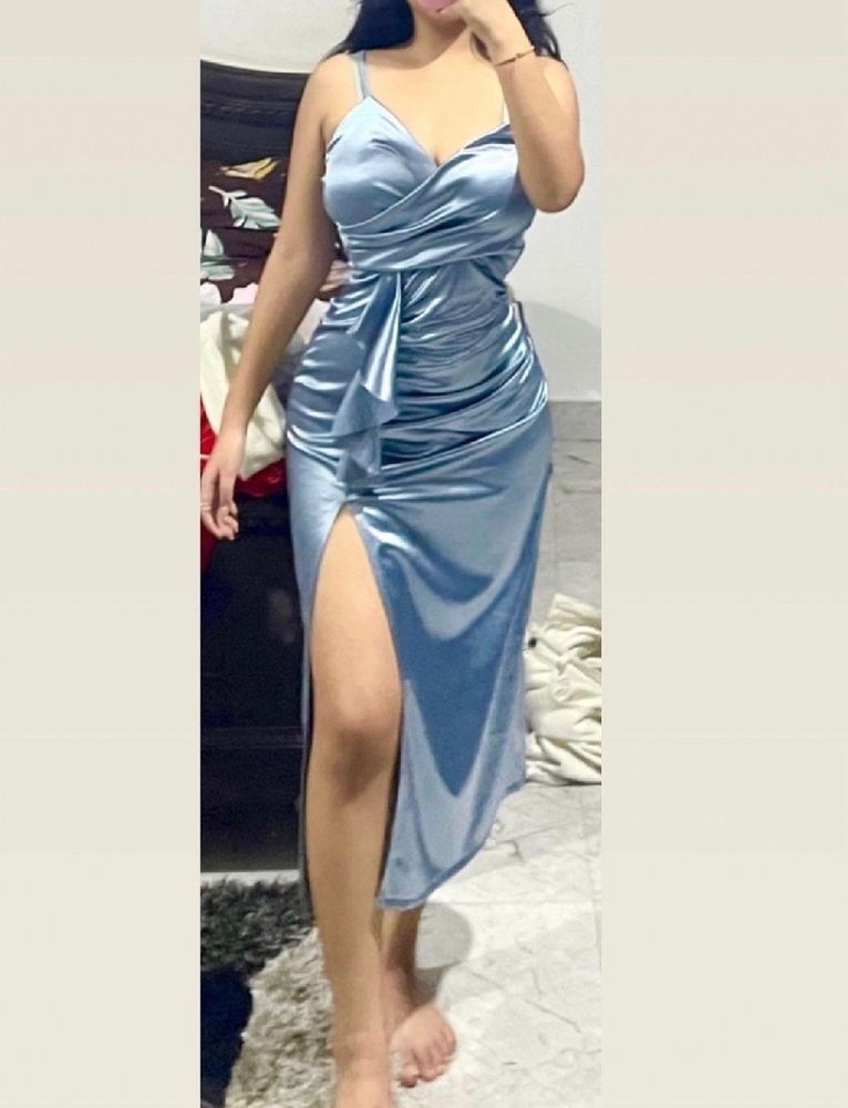 Babyblue Satin Slit Dress🩵