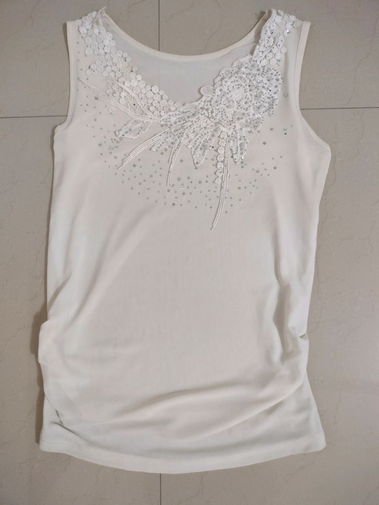 Off White Sleeveless Embroidered Net top