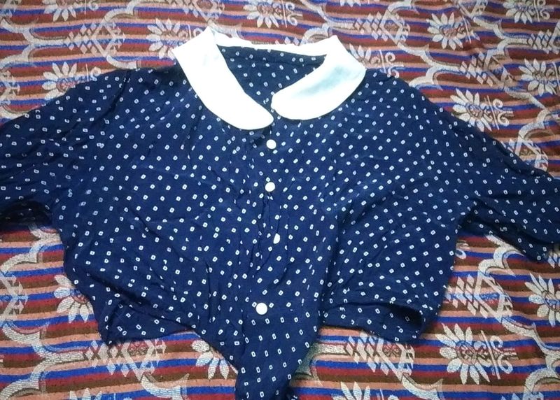 Korean Style Navy Blue Crop Shirt