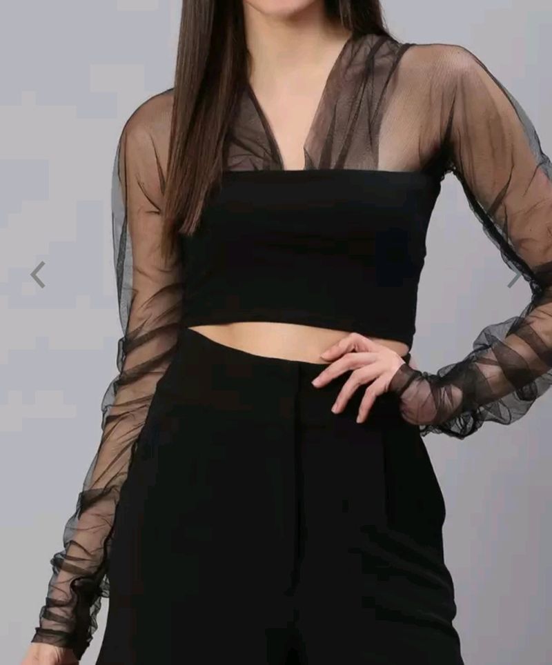 Black Mesh Full Sleeve Top