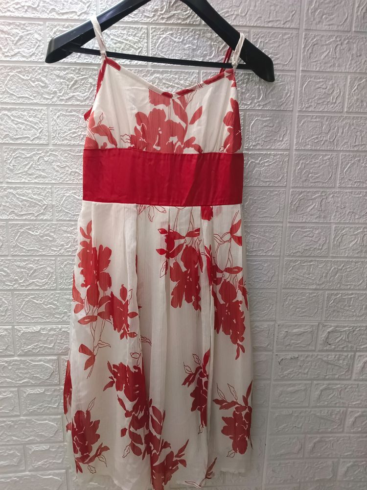 Red Floral Printing White Spaghetti Dress