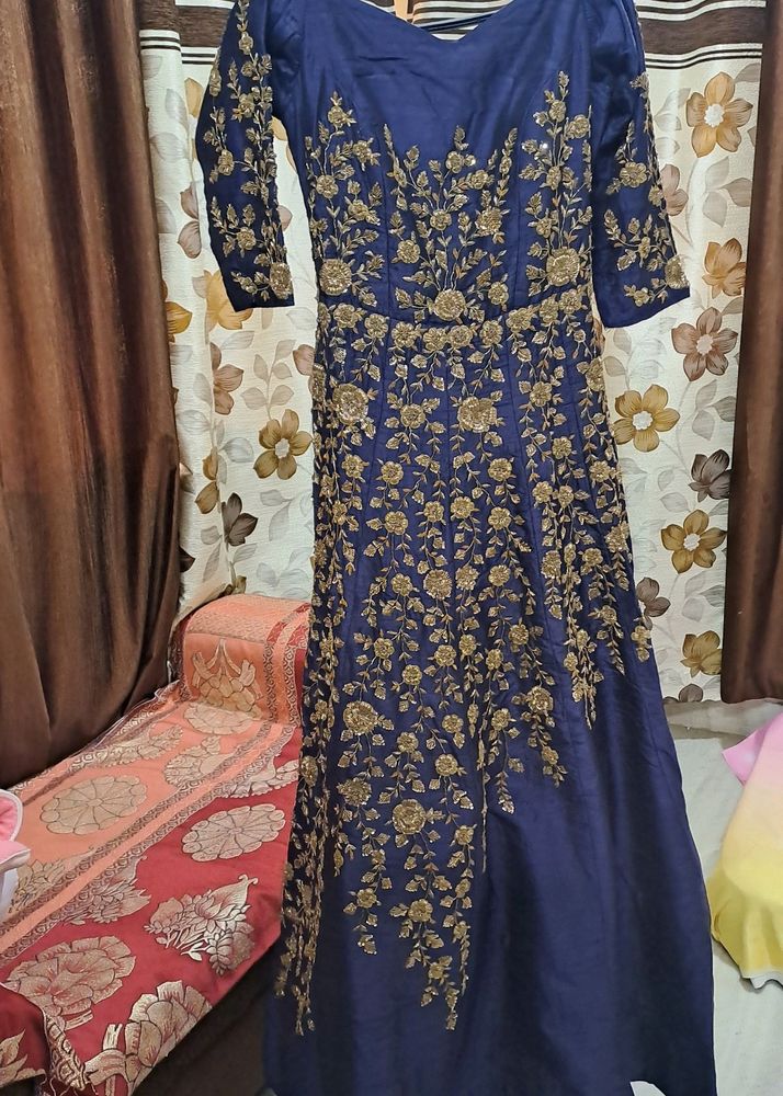 Navy Off-Shoulder Gown with Zardosi Work- Silk