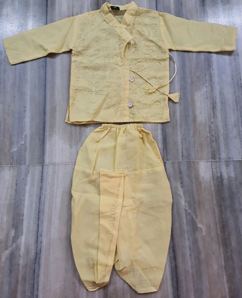 Light Cream Yellow Boys Cotton Dhoti & Kurta Set