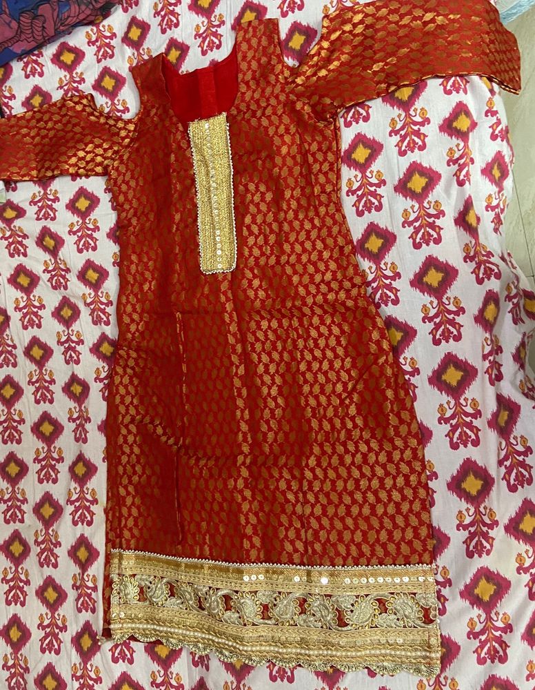 Red And Golden Banarasi Silk Kurta