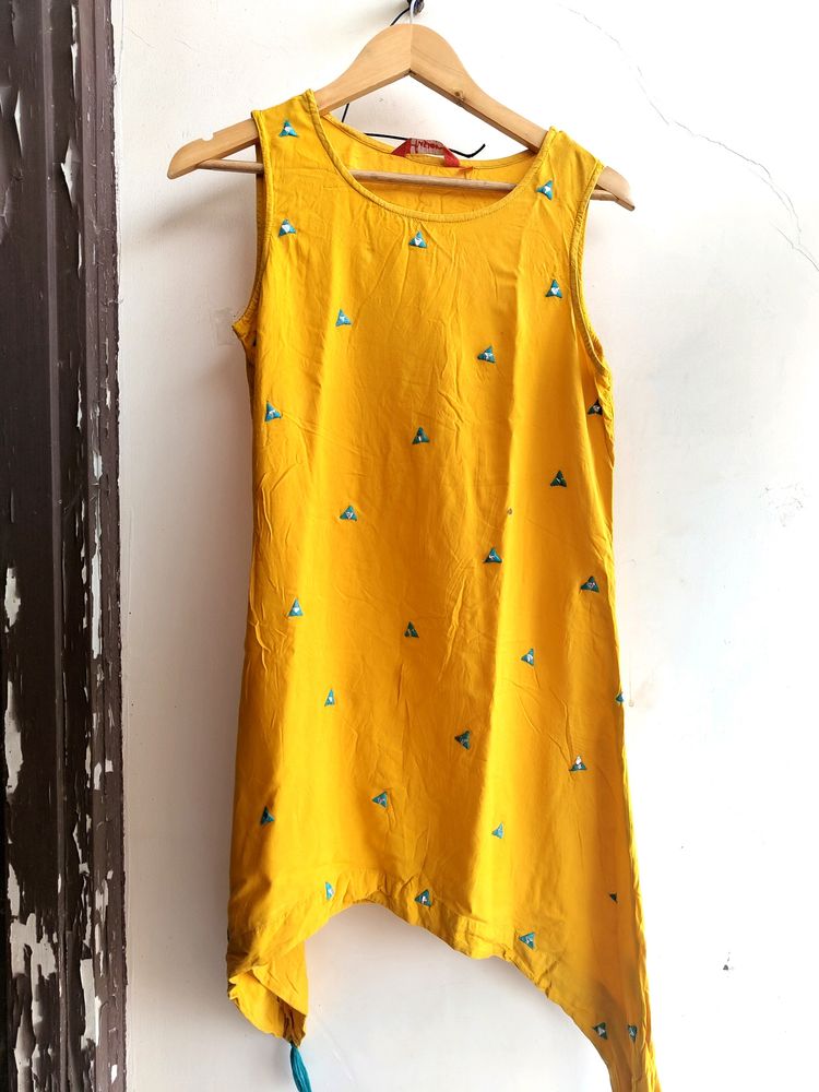 Yellow Mirror Worked Kurti Set (Women's)