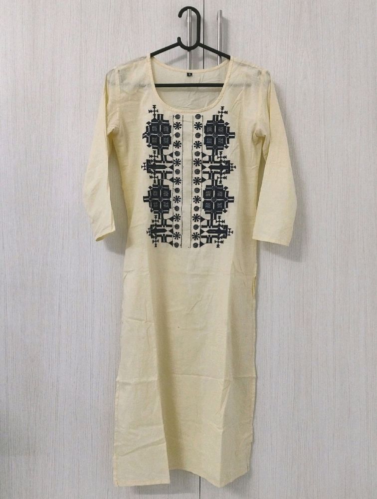 Pastel Yellow Scooped Neckline Embroidered Kurti