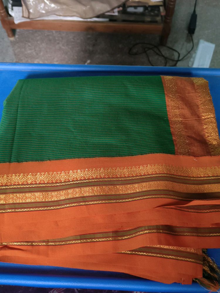 Green With Mustard Border Silk Saree