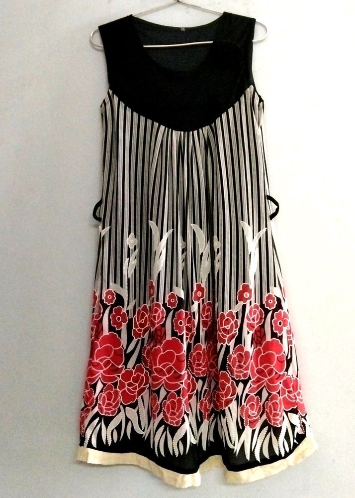 Beautiful Black And White Dress With red Flowers Print