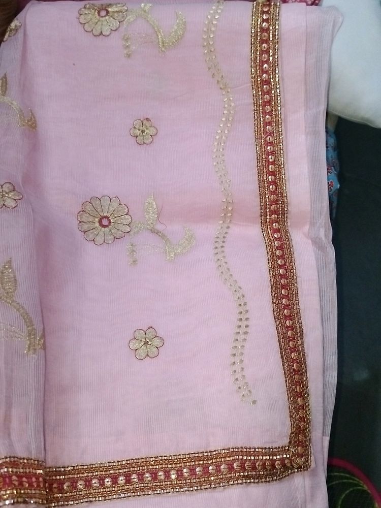 Kota Type Baby Pink Cotton Saree With Maroon Work