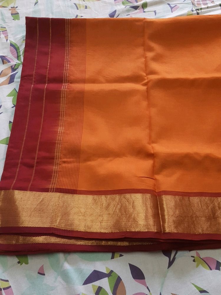 Pure Chanderi Silk Saree In Mustard And Maroon