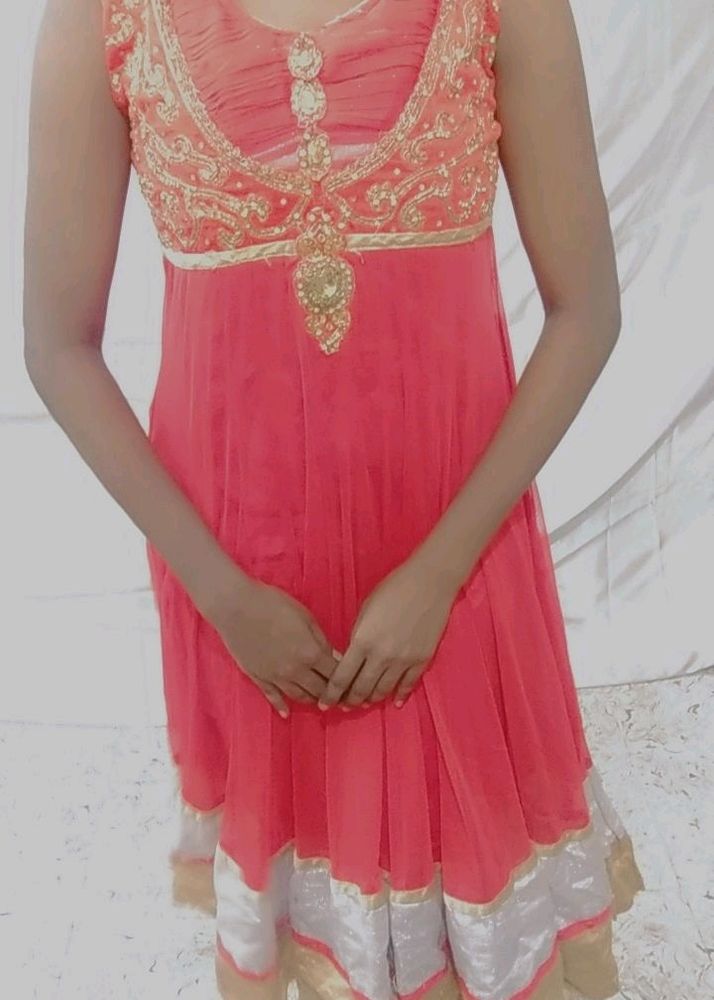 Coral Flared Sleeveless Party Wear