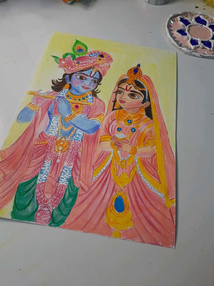 Radha Krishna Artwork With Color Pencils Handmade