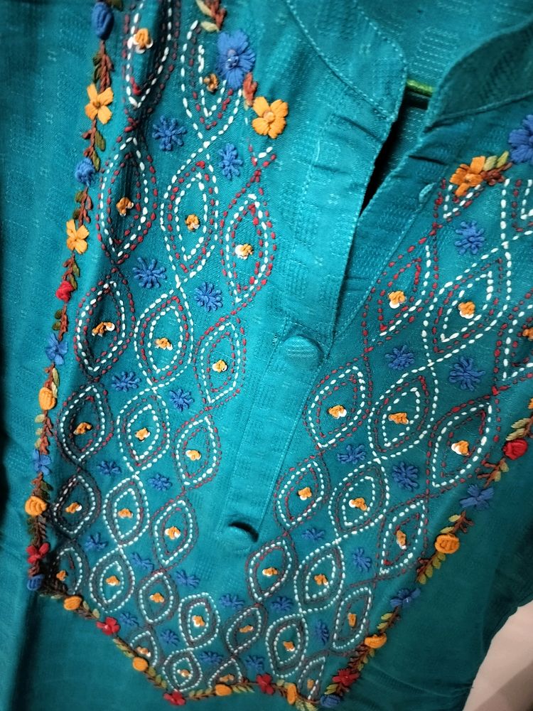 Embroidered Kurta In Teal Blue