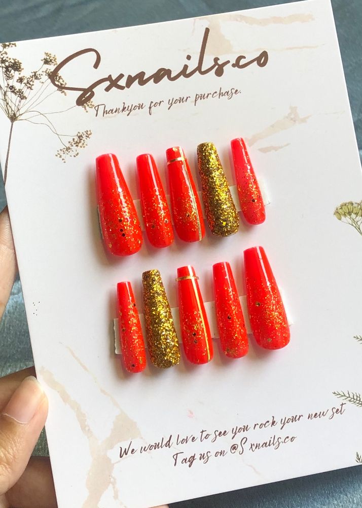 Reusable wedding long red and gold presson nail