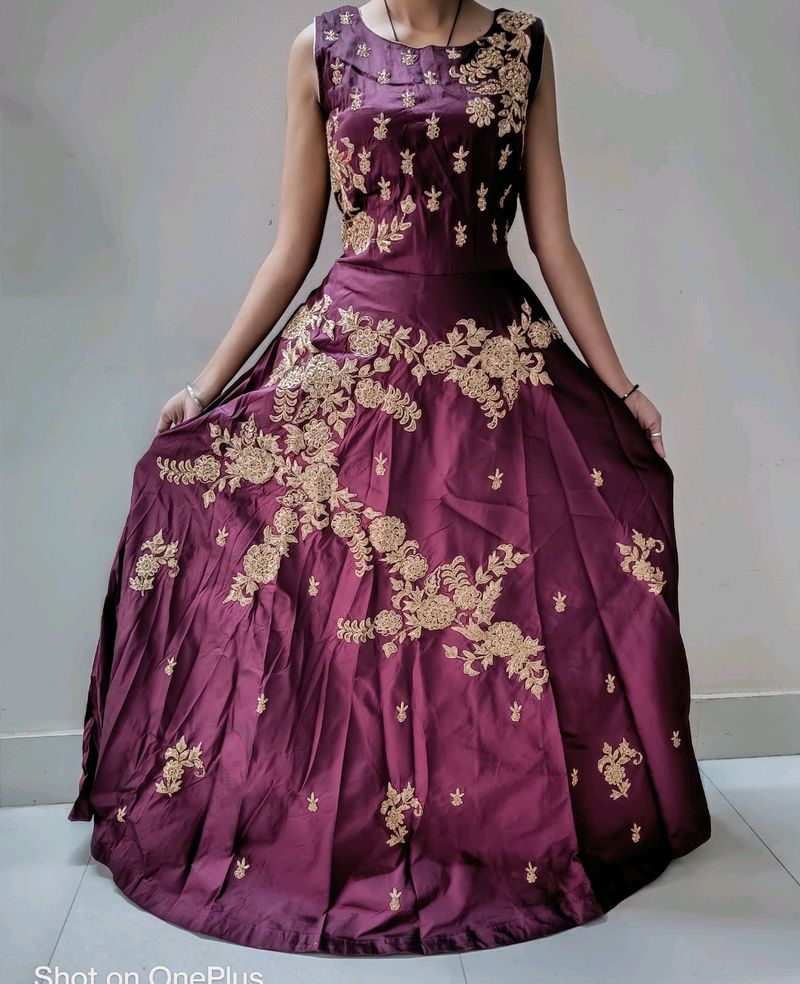 Vine Colour Gown Heavy Embroidery With Plan Back