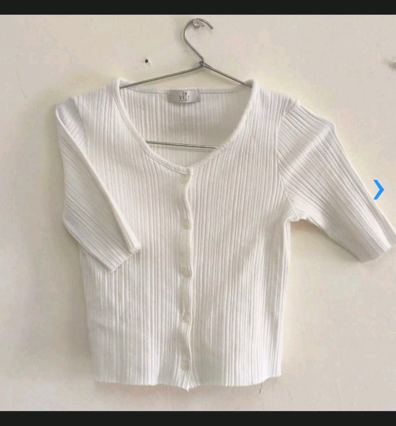 Korean Crop Top , Off White , Stretchable, Ribbed