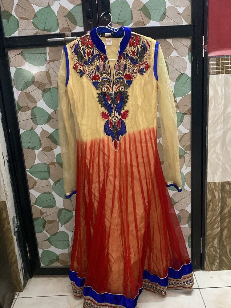anarkali with combo of cream and red colour