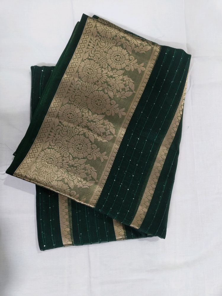 Dark Green Gold Organza Sequence Saree