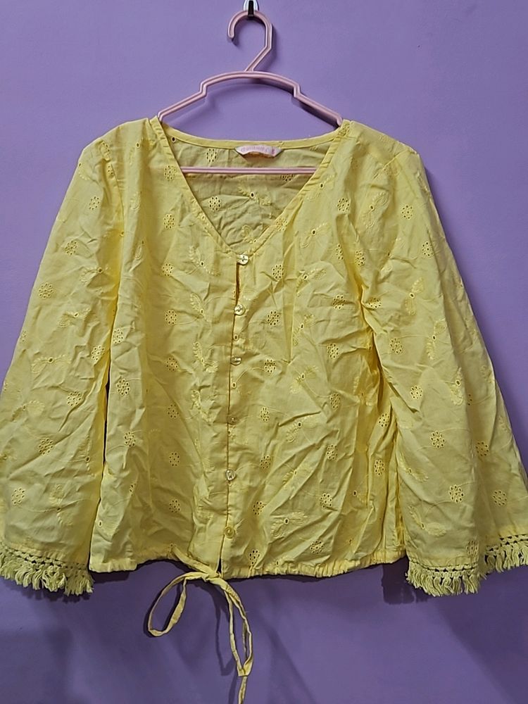 Yellow Floral Schiffli Embroidered Pure Cotton Top