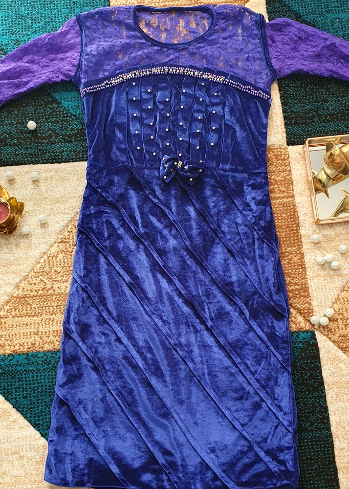 Blue Velvet Small Size Long Sleeve Women Dress