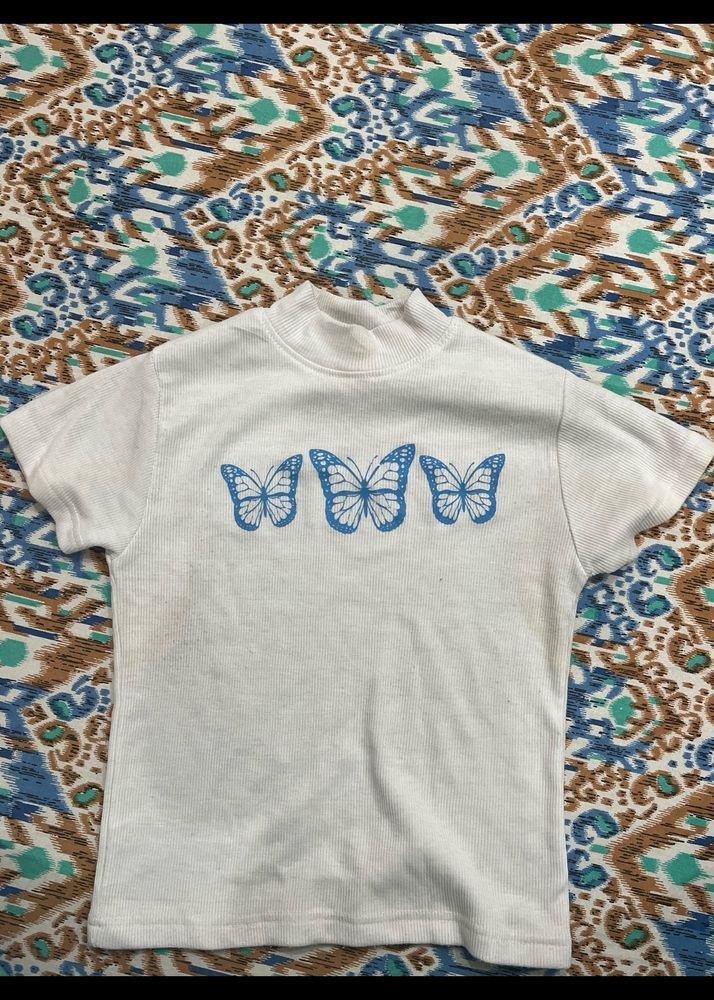 White Crop Top With Blue Butterflies