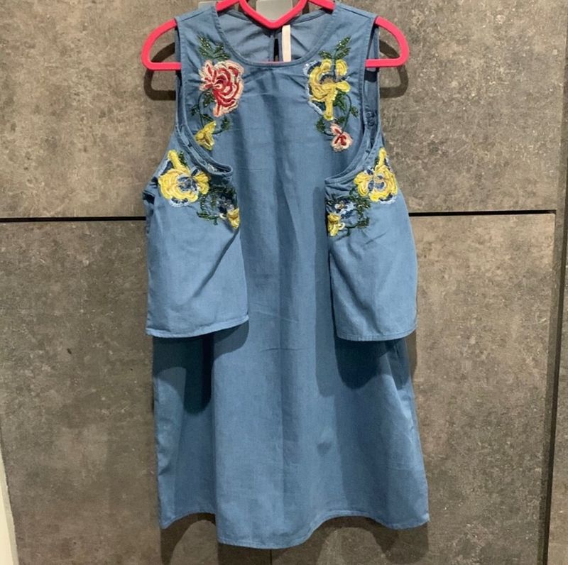 Zara Denim cotton Embroidered dress