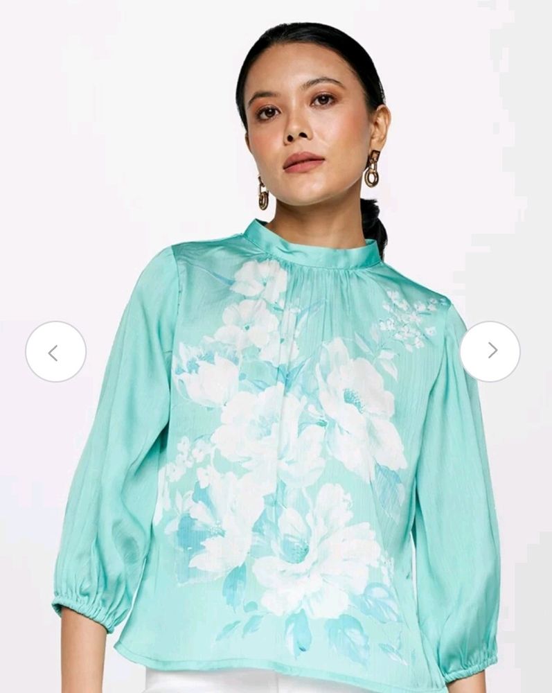 AND Floral Printed High Neck Puff Sleeves Top