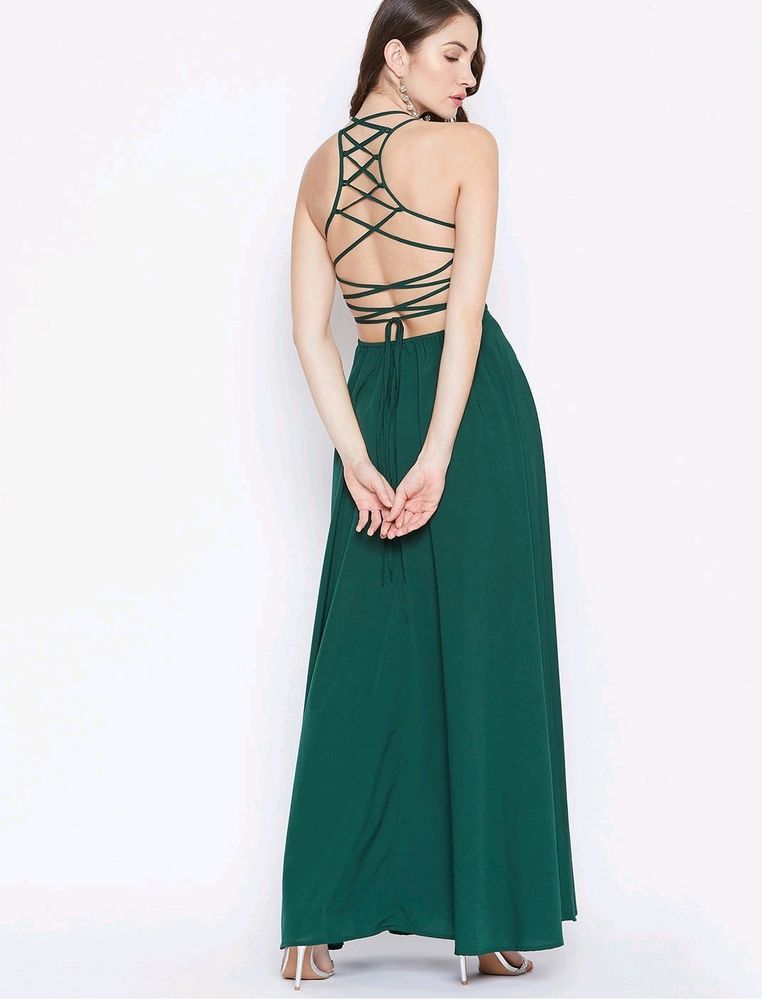 Green Caged Back Halter Neck Maxi Dress