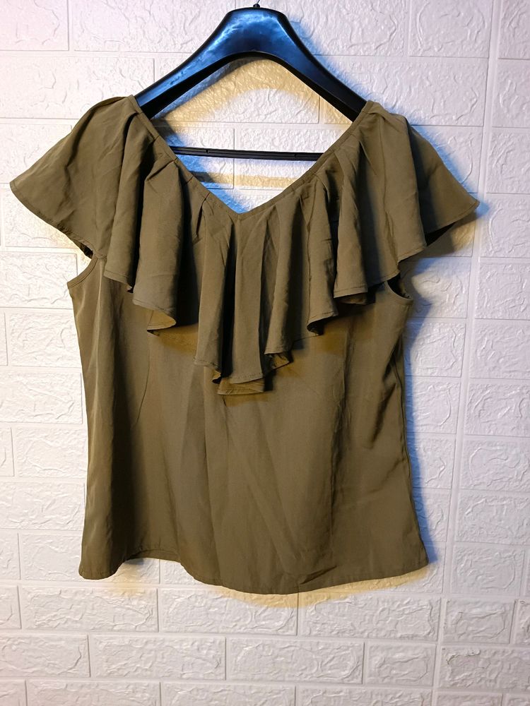 "Elegance Redefined: Olive Green Flare Neck Top"