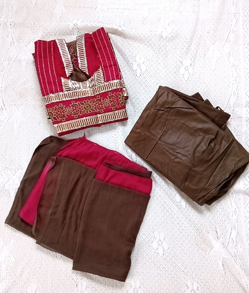 Maroon & Brown Tailor Made Suit With Dupatta