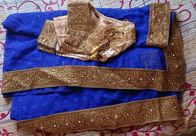 Peacock Blue And Golden Saree With Blouse