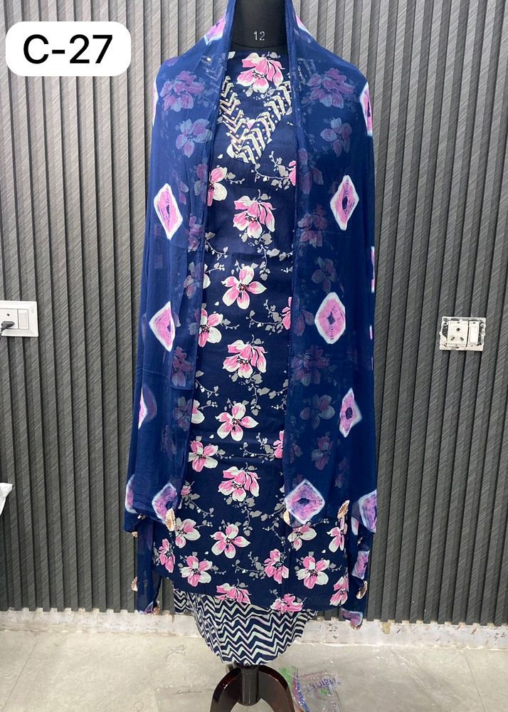 Navy Blue Floral Unstitched Kurta Cotton 🧿✨