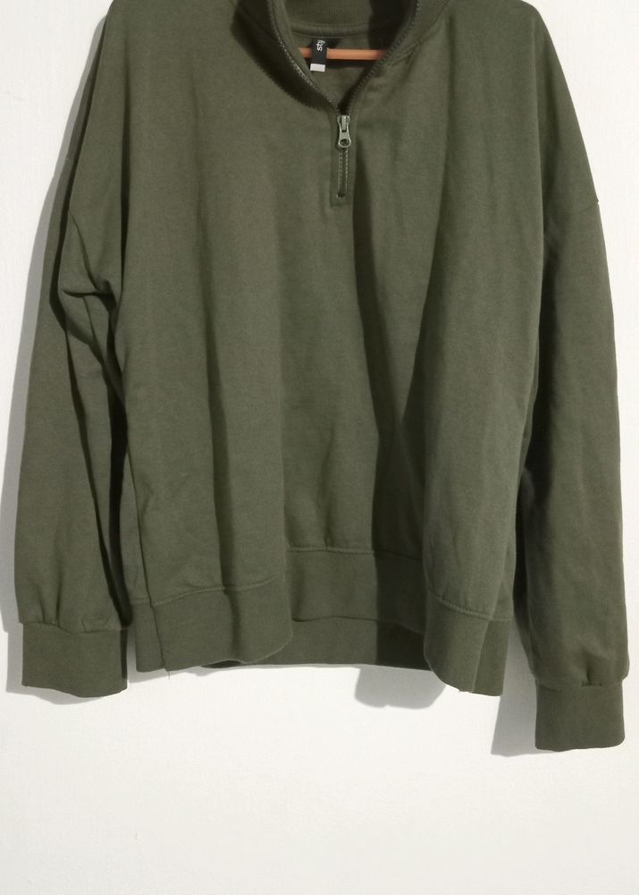 Collar Zip Drop Shoulder  Olive Sweatshirt