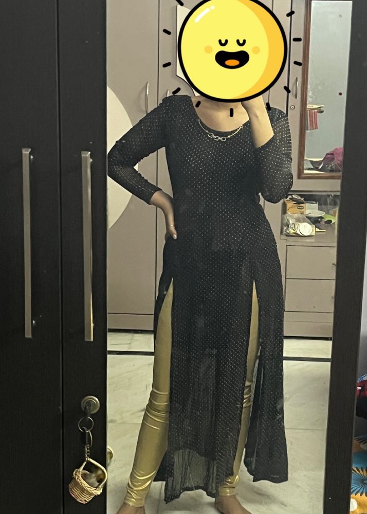 Black Kurti With Front Slits And Golden Leggings