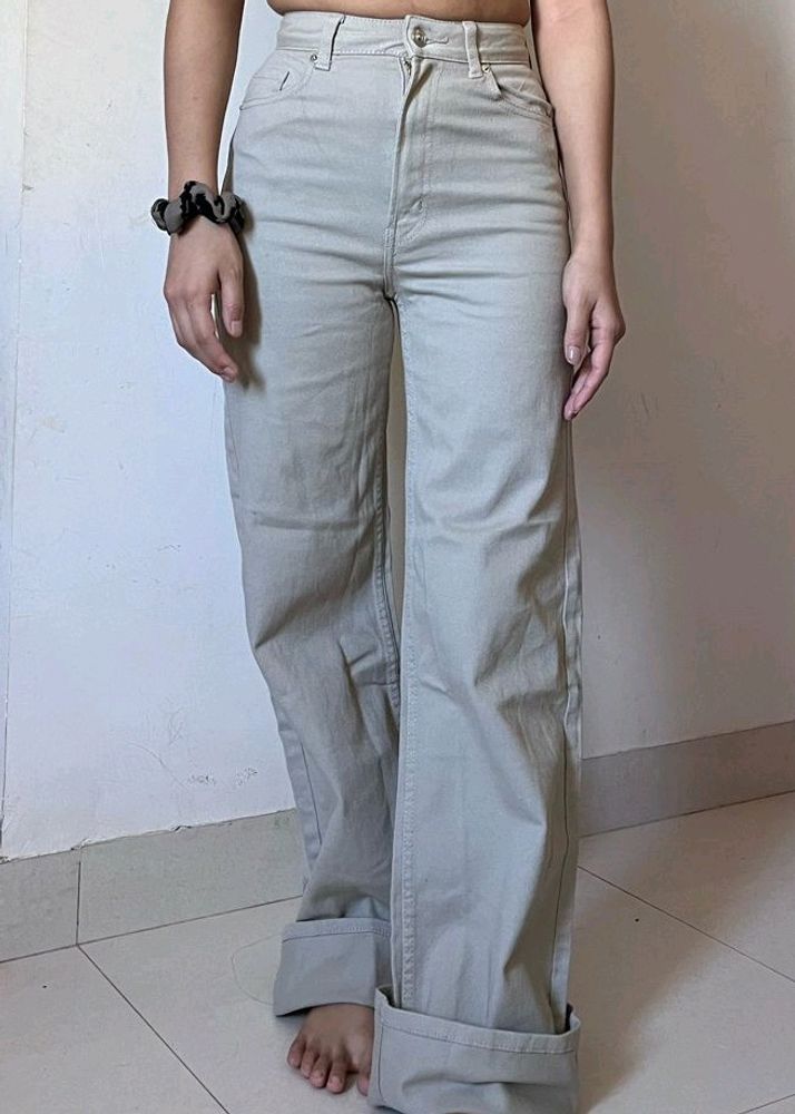 Branded Wide Leg Beige Jeans