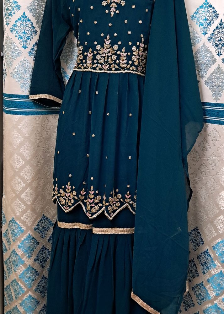 Beautiful Rama Green Sharara Full Set