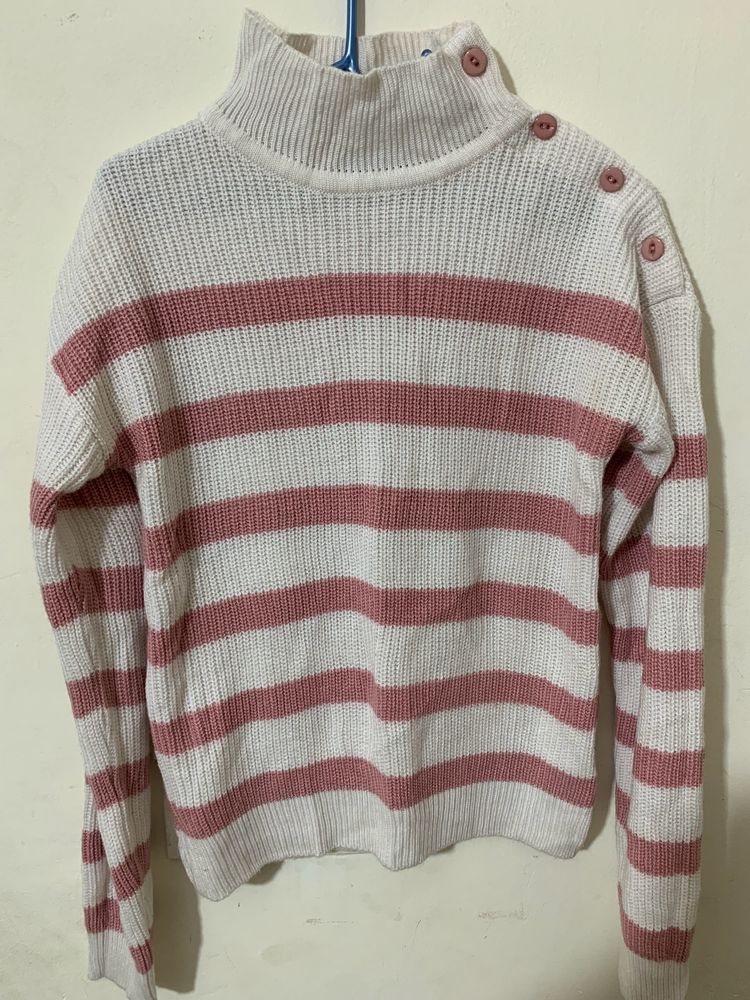 White And Pink Striped High Neck Sweater