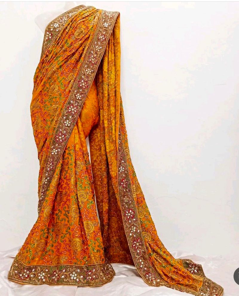 Mustard Banarasi Fabric Embroidery Work Saree