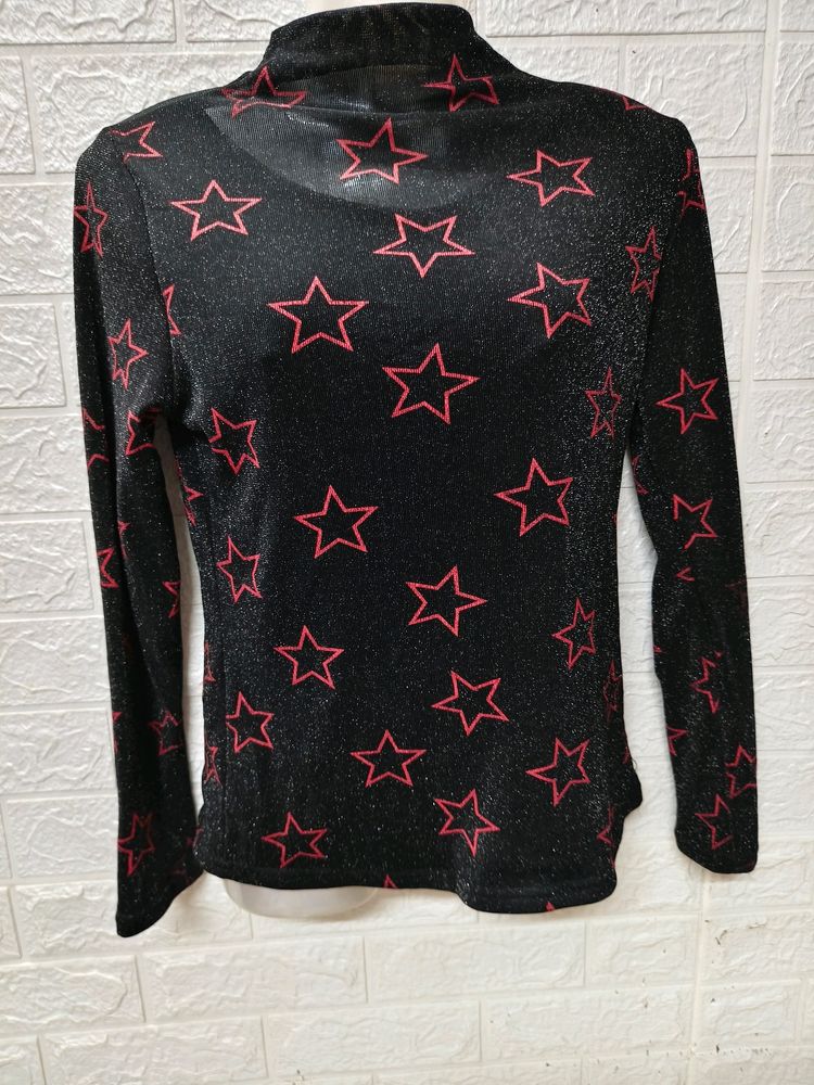 Polo Neck Shimmery Top With Red Stars