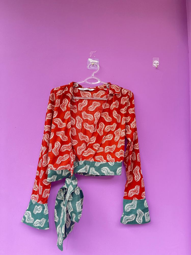 Zara Jasmine Leaf Fern Printed Red Green Cropped