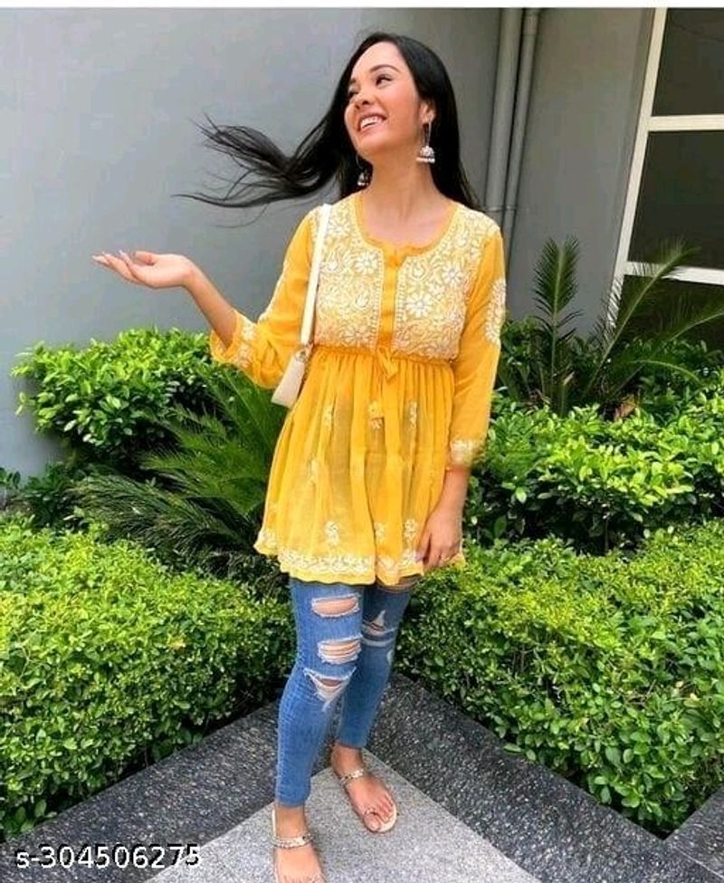 Yellow Georgette Short Chikankaari Kurti