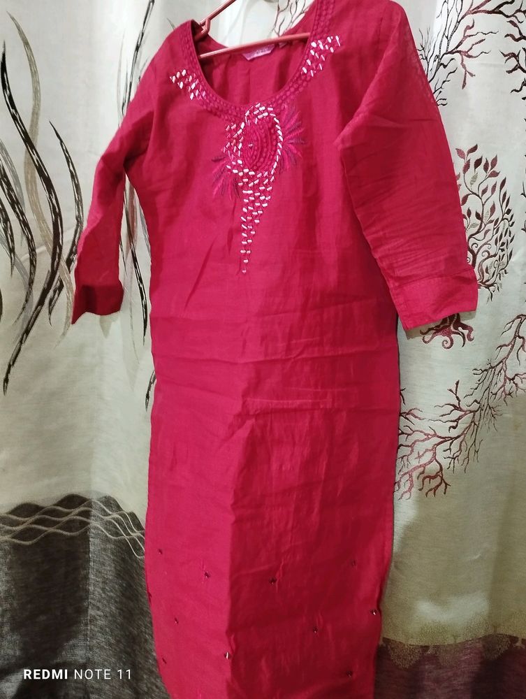 Mirror And Embroidery Red Elegant Design Kurta.