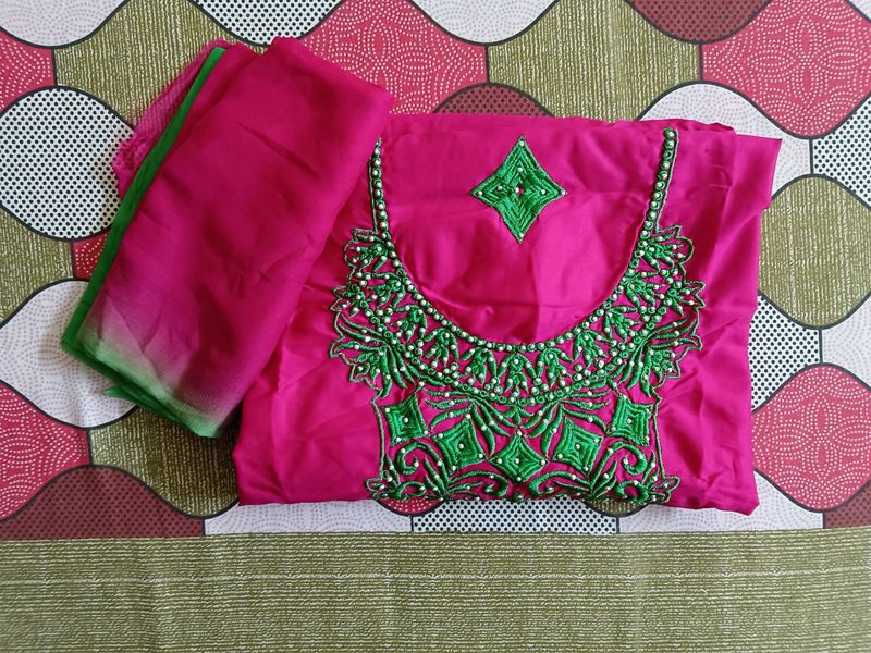 Solid Pink Colour Kurta With Green Embroidery.