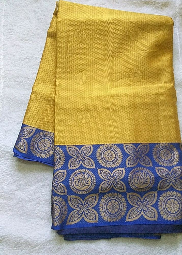 UNUSED Yellow With Royal Blue colour Saree