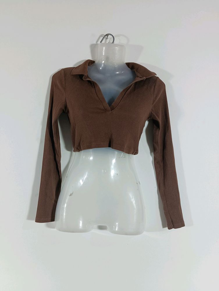 Brown Plain Casual Crop Top (Women)