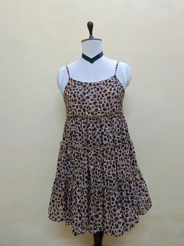 Brown And Black Cheeta Print Frill Dress