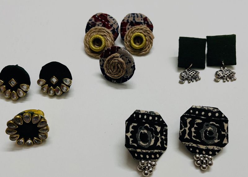 4 Pair Of Handmade Fabric Studs And 2 Fabri Rings