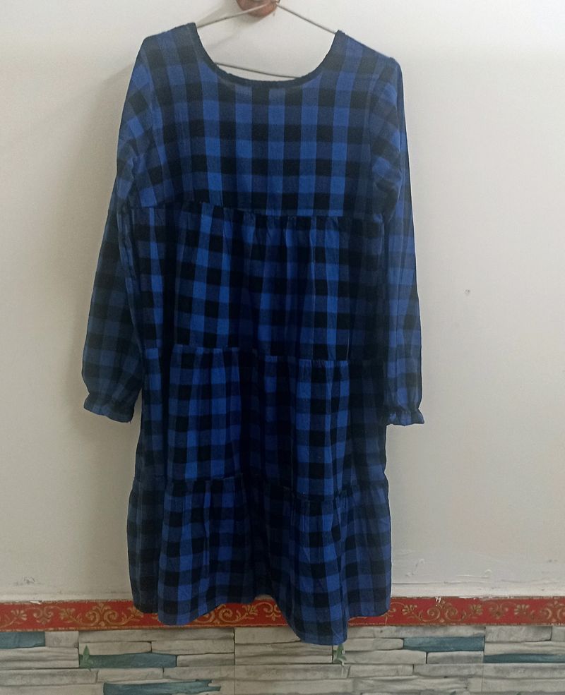 Chic Blue and Black Plaid Dress